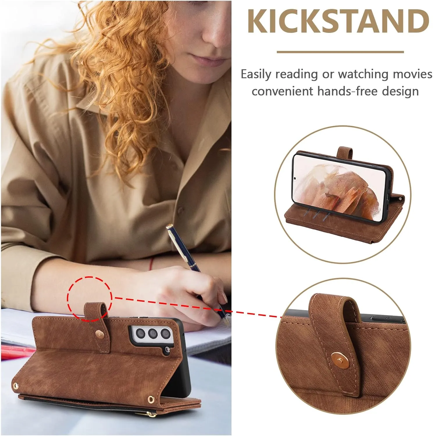 UEEBAI Wallet Case for Samsung Galaxy A35 5G, 9 Card Slots Retro Leather Wallet Shockproof Flip Cover with Hand Strap Card Slots Zipper Pocket Kickstand Handbag Magnetic Closure - Retro Brown