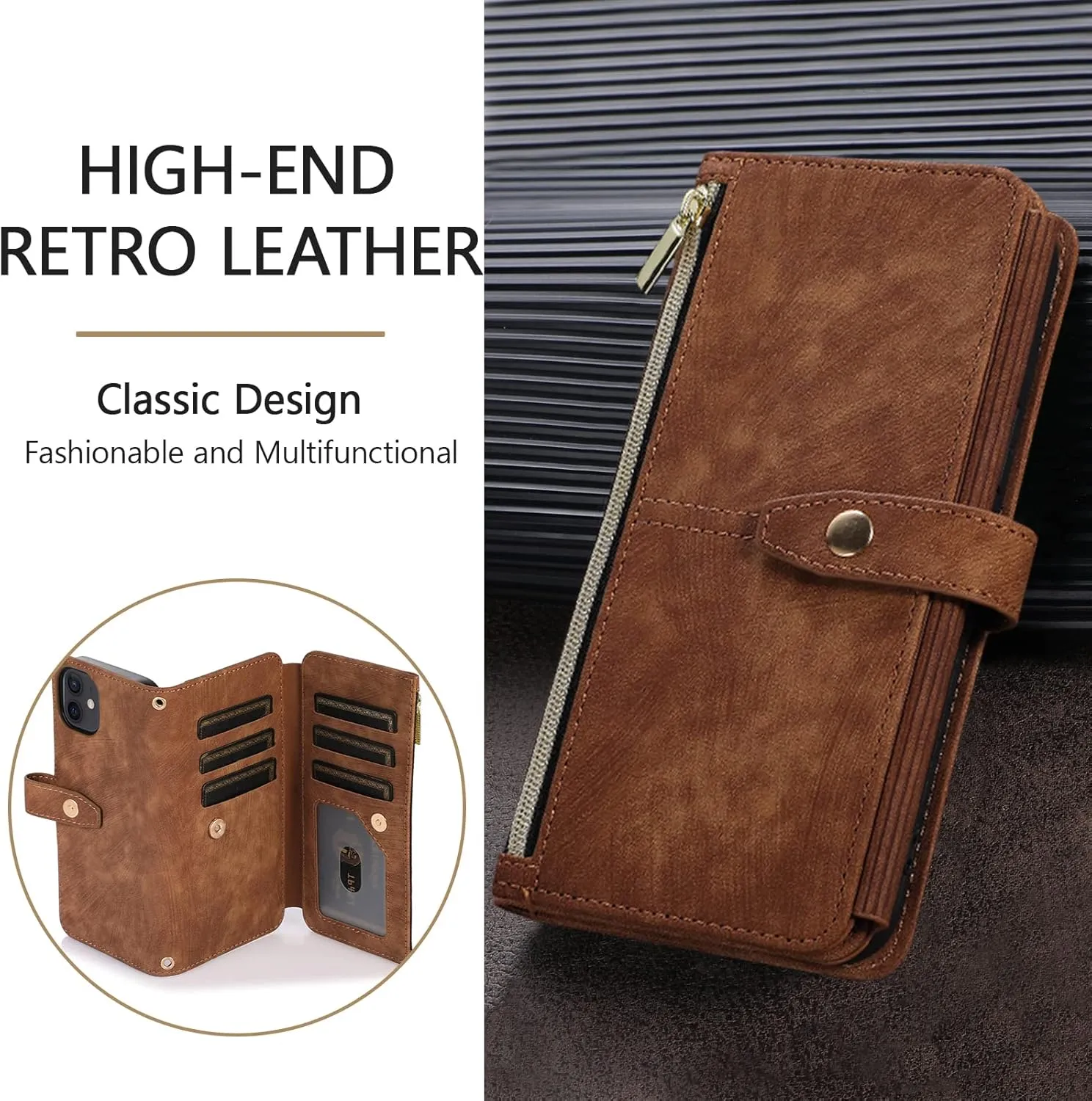 UEEBAI Wallet Case for Samsung Galaxy A35 5G, 9 Card Slots Retro Leather Wallet Shockproof Flip Cover with Hand Strap Card Slots Zipper Pocket Kickstand Handbag Magnetic Closure - Retro Brown