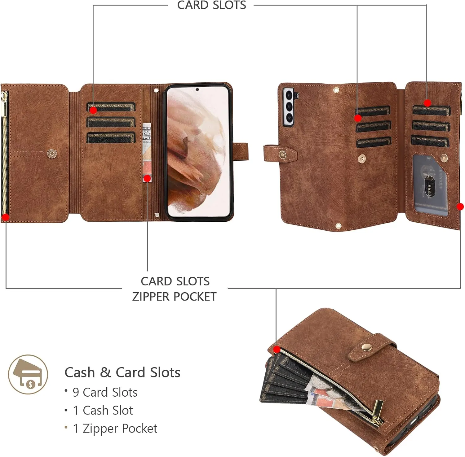 UEEBAI Wallet Case for Samsung Galaxy A35 5G, 9 Card Slots Retro Leather Wallet Shockproof Flip Cover with Hand Strap Card Slots Zipper Pocket Kickstand Handbag Magnetic Closure - Retro Brown