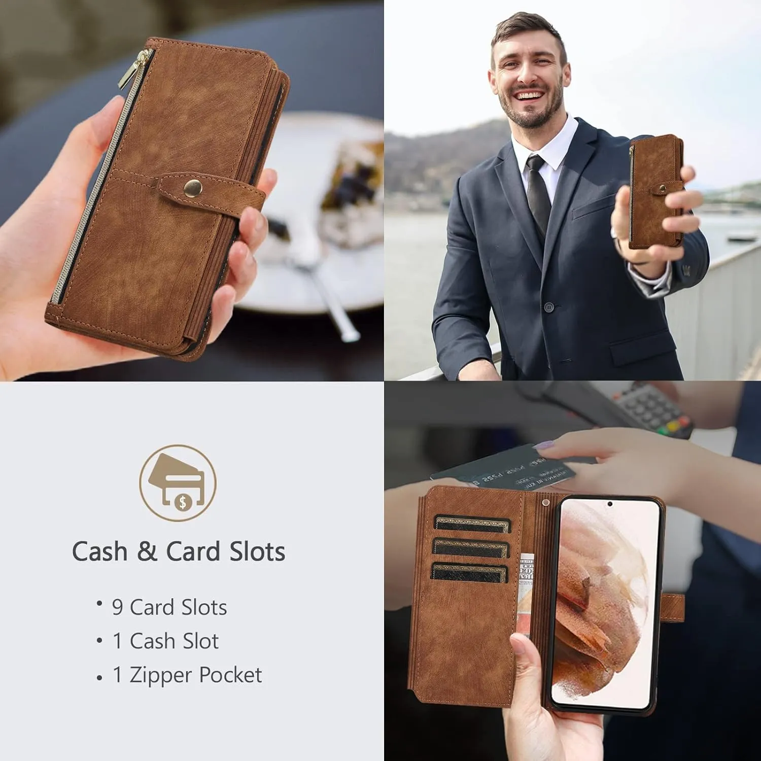 UEEBAI Wallet Case for Samsung Galaxy A35 5G, 9 Card Slots Retro Leather Wallet Shockproof Flip Cover with Hand Strap Card Slots Zipper Pocket Kickstand Handbag Magnetic Closure - Retro Brown