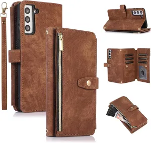 UEEBAI Wallet Case for Samsung Galaxy A35 5G, 9 Card Slots Retro Leather Wallet Shockproof Flip Cover with Hand Strap Card Slots Zipper Pocket Kickstand Handbag Magnetic Closure - Retro Brown