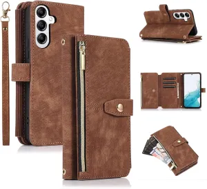 UEEBAI Wallet Case for Samsung Galaxy A36 5G, 9 Card Holder Slots Zipper Pocket Handbag Wallet Magnetic Closure Kickstand with Wrist Strap TPU Shockproof Flip Case for Women - Retro Browm