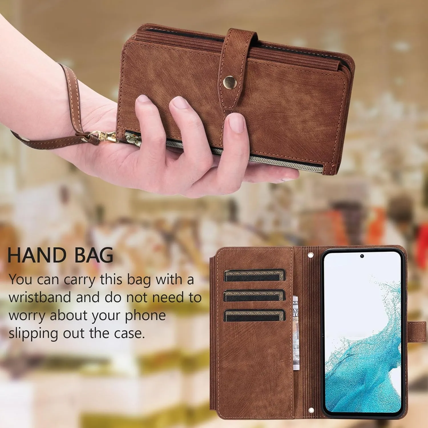 UEEBAI Wallet Case for Samsung Galaxy A36 5G, 9 Card Holder Slots Zipper Pocket Handbag Wallet Magnetic Closure Kickstand with Wrist Strap TPU Shockproof Flip Case for Women - Retro Browm