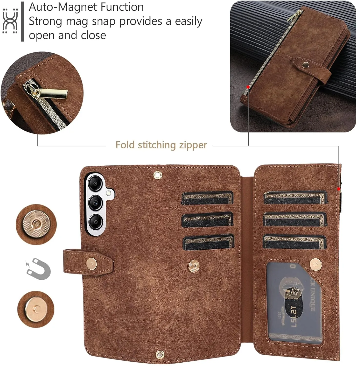UEEBAI Wallet Case for Samsung Galaxy A36 5G, 9 Card Holder Slots Zipper Pocket Handbag Wallet Magnetic Closure Kickstand with Wrist Strap TPU Shockproof Flip Case for Women - Retro Browm
