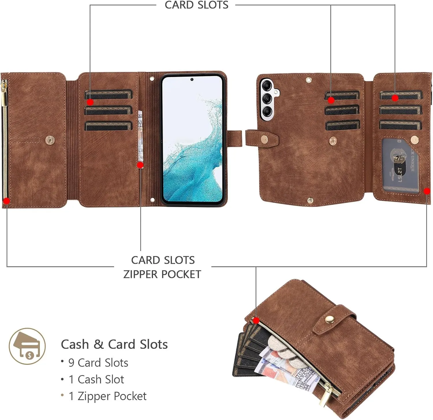 UEEBAI Wallet Case for Samsung Galaxy A36 5G, 9 Card Holder Slots Zipper Pocket Handbag Wallet Magnetic Closure Kickstand with Wrist Strap TPU Shockproof Flip Case for Women - Retro Browm