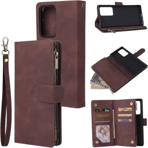 UEEBAI Wallet Case for Samsung Galaxy Note 20 Ultra 5G, Premium Vintage PU Leather Magnetic Closure Handbag Zipper Pocket Case Kickstand Card Holder Slots Wrist Strap TPU Shockproof Flip Cover -Coffee