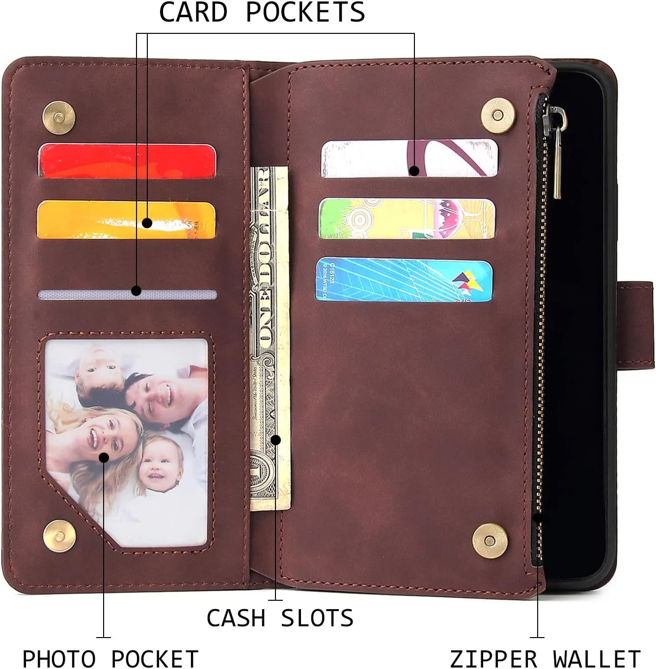 UEEBAI Wallet Case for Samsung Galaxy Note 20 Ultra 5G, Premium Vintage PU Leather Magnetic Closure Handbag Zipper Pocket Case Kickstand Card Holder Slots Wrist Strap TPU Shockproof Flip Cover -Coffee