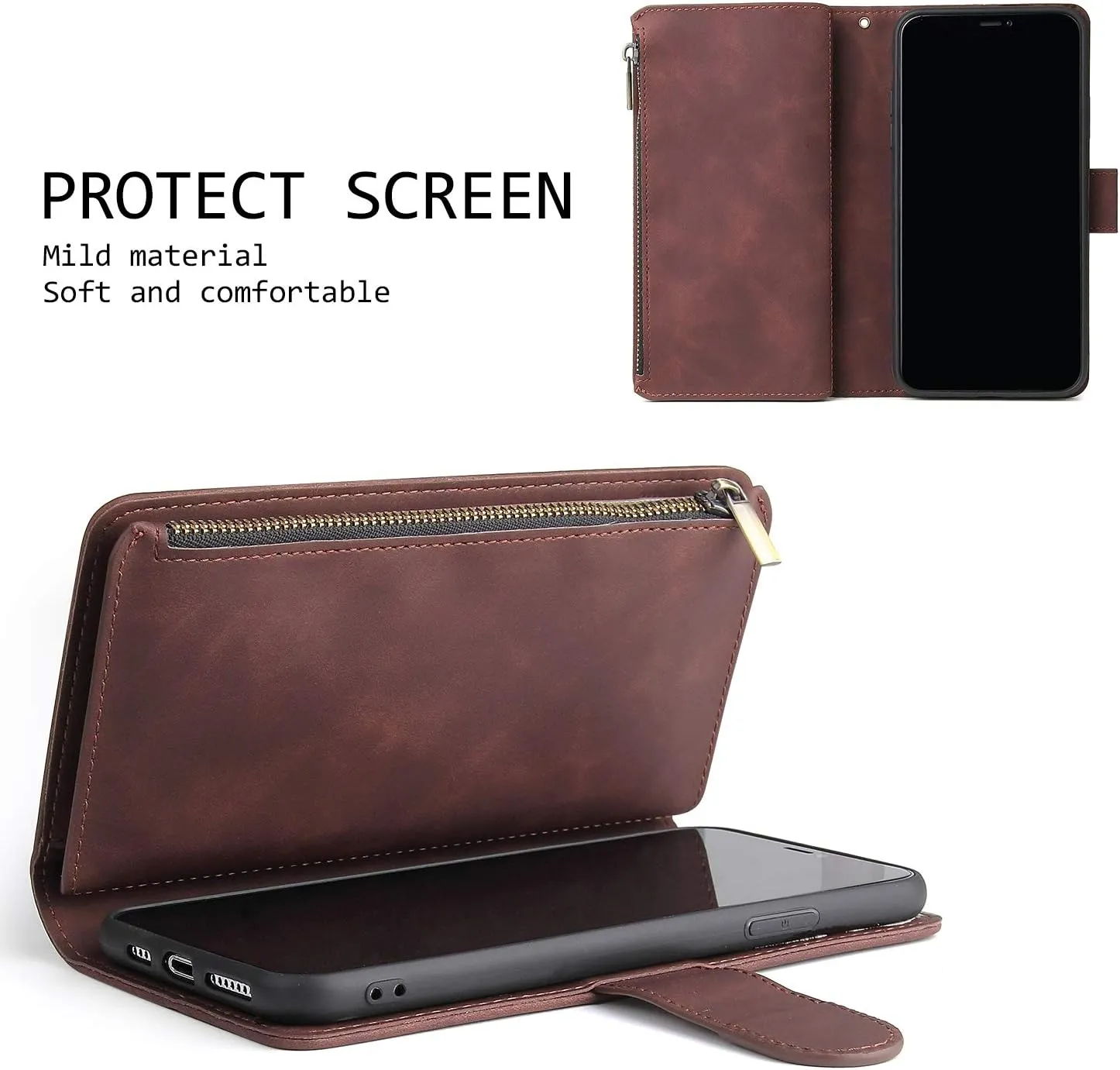UEEBAI Wallet Case for Samsung Galaxy Note 20 Ultra 5G, Premium Vintage PU Leather Magnetic Closure Handbag Zipper Pocket Case Kickstand Card Holder Slots Wrist Strap TPU Shockproof Flip Cover -Coffee
