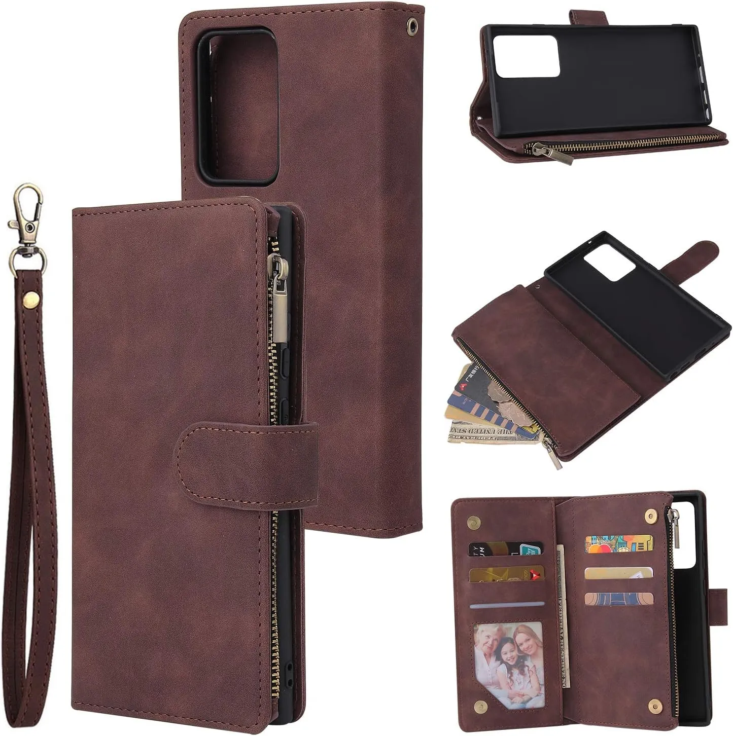 UEEBAI Wallet Case for Samsung Galaxy Note 20 Ultra 5G, Premium Vintage PU Leather Magnetic Closure Handbag Zipper Pocket Case Kickstand Card Holder Slots Wrist Strap TPU Shockproof Flip Cover -Coffee