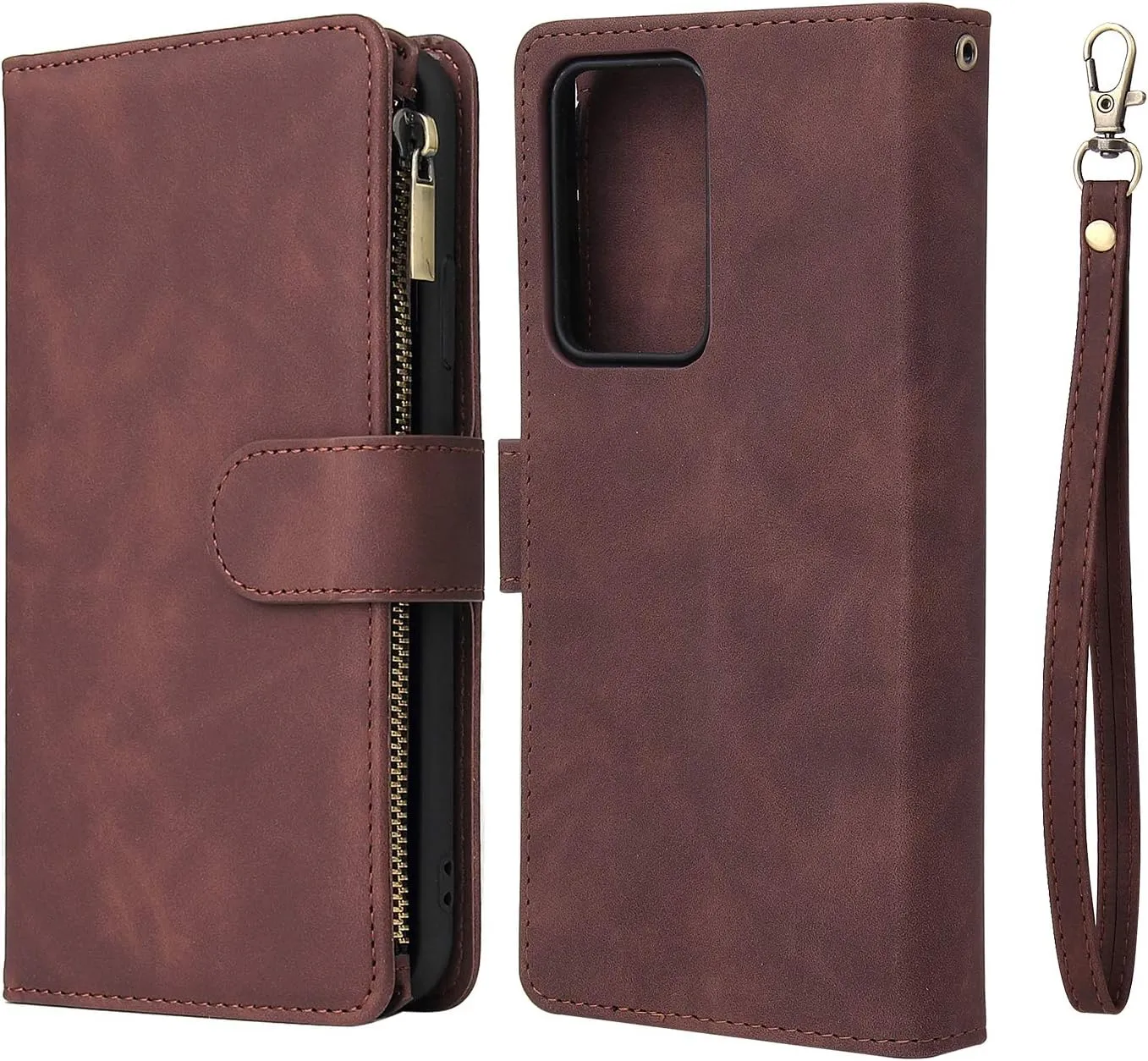 UEEBAI Wallet Case for Samsung Galaxy Note 20 Ultra 5G, Premium Vintage PU Leather Magnetic Closure Handbag Zipper Pocket Case Kickstand Card Holder Slots Wrist Strap TPU Shockproof Flip Cover -Coffee