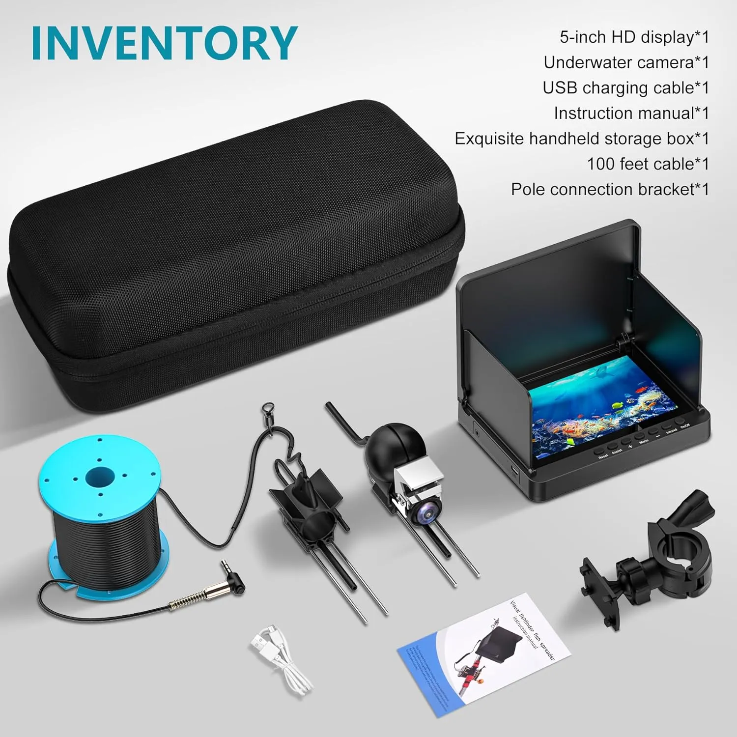 Underwater Fishing Camera, Fishing Camera with Infrared Night Vision Light, Portable Fish Finder with 100ft Cable, 5 Inch LCD and Upgraded HD Lens for Ice Lake Boat Kayak Fishing