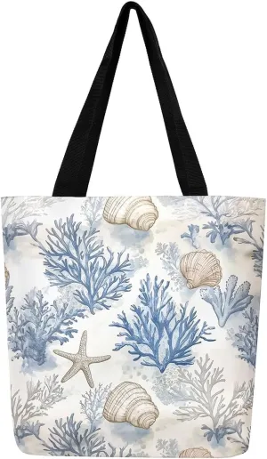 Underwater Sealife Canvas Tote Bag,Ocean Animal Theme Shoulder Handbags for Shopping Gym 19.7x15.7 Inch