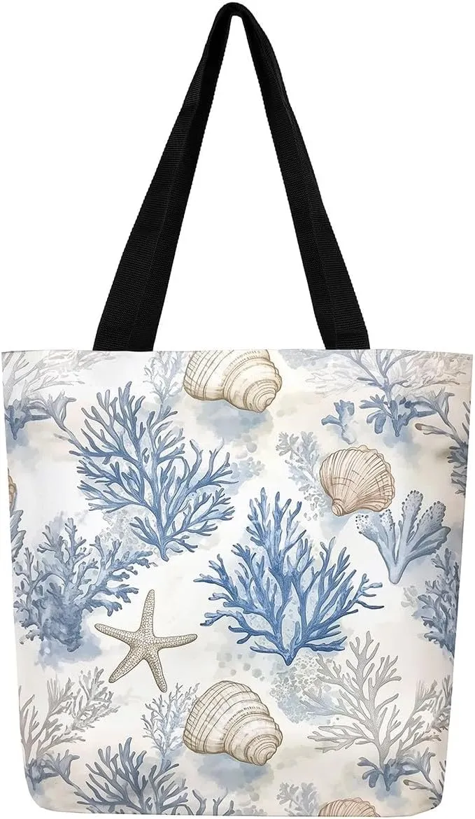 Underwater Sealife Canvas Tote Bag,Ocean Animal Theme Shoulder Handbags for Shopping Gym 19.7x15.7 Inch