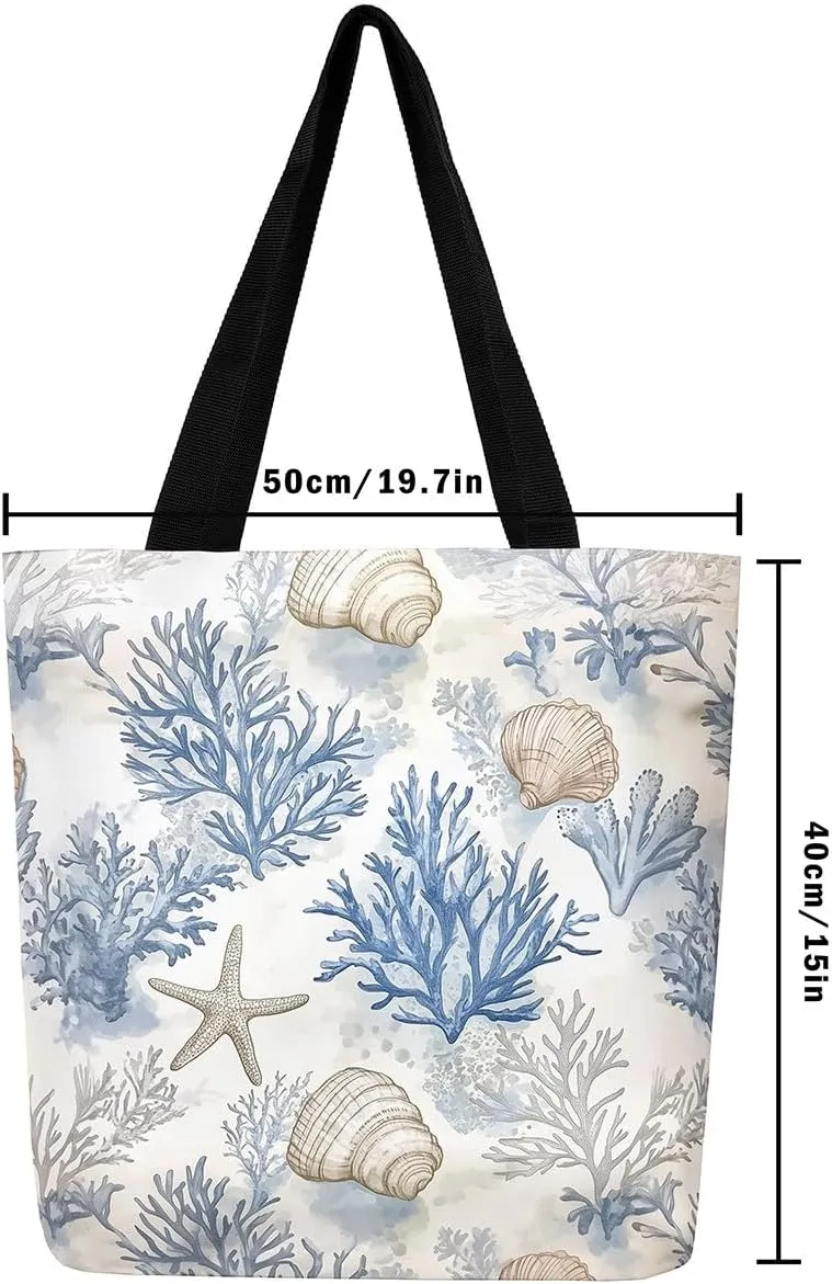 Underwater Sealife Canvas Tote Bag,Ocean Animal Theme Shoulder Handbags for Shopping Gym 19.7x15.7 Inch