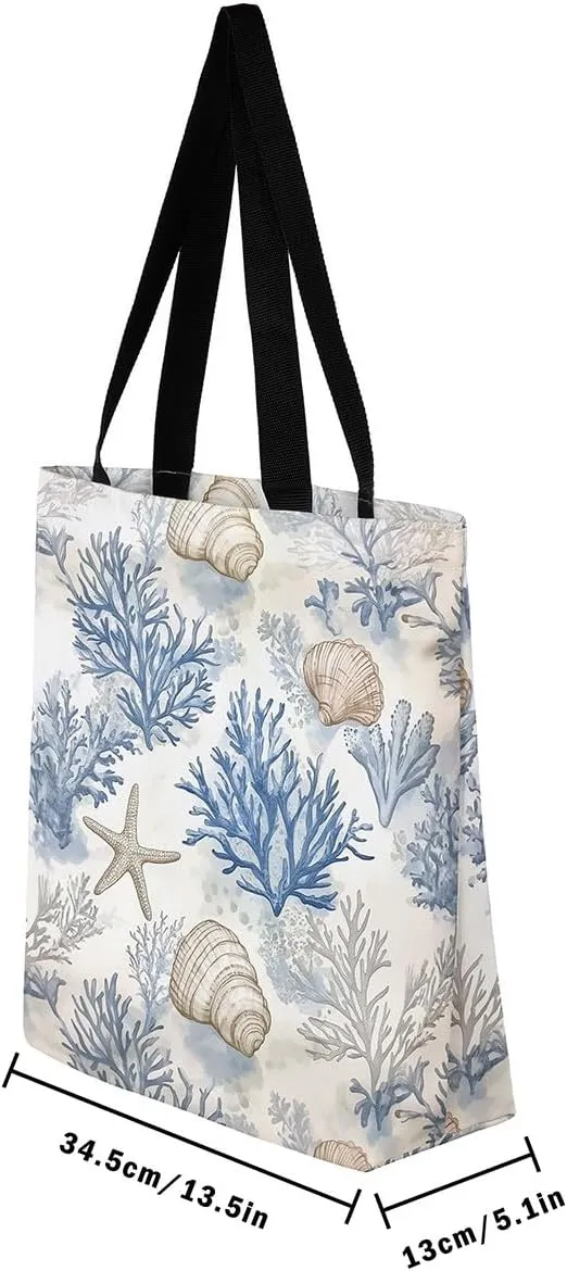 Underwater Sealife Canvas Tote Bag,Ocean Animal Theme Shoulder Handbags for Shopping Gym 19.7x15.7 Inch