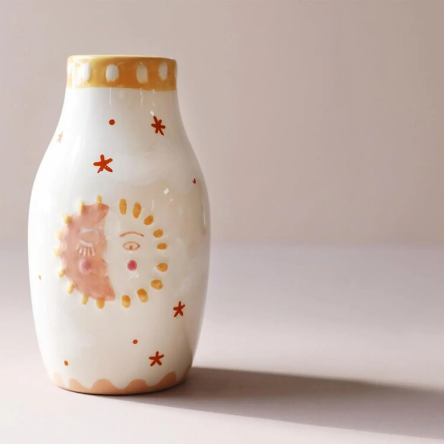Unique Ceramic Vase, Cute Boho Decor, Small Cream Vase for Dried Flowers or Single Bud - Sun and Moon Face Design