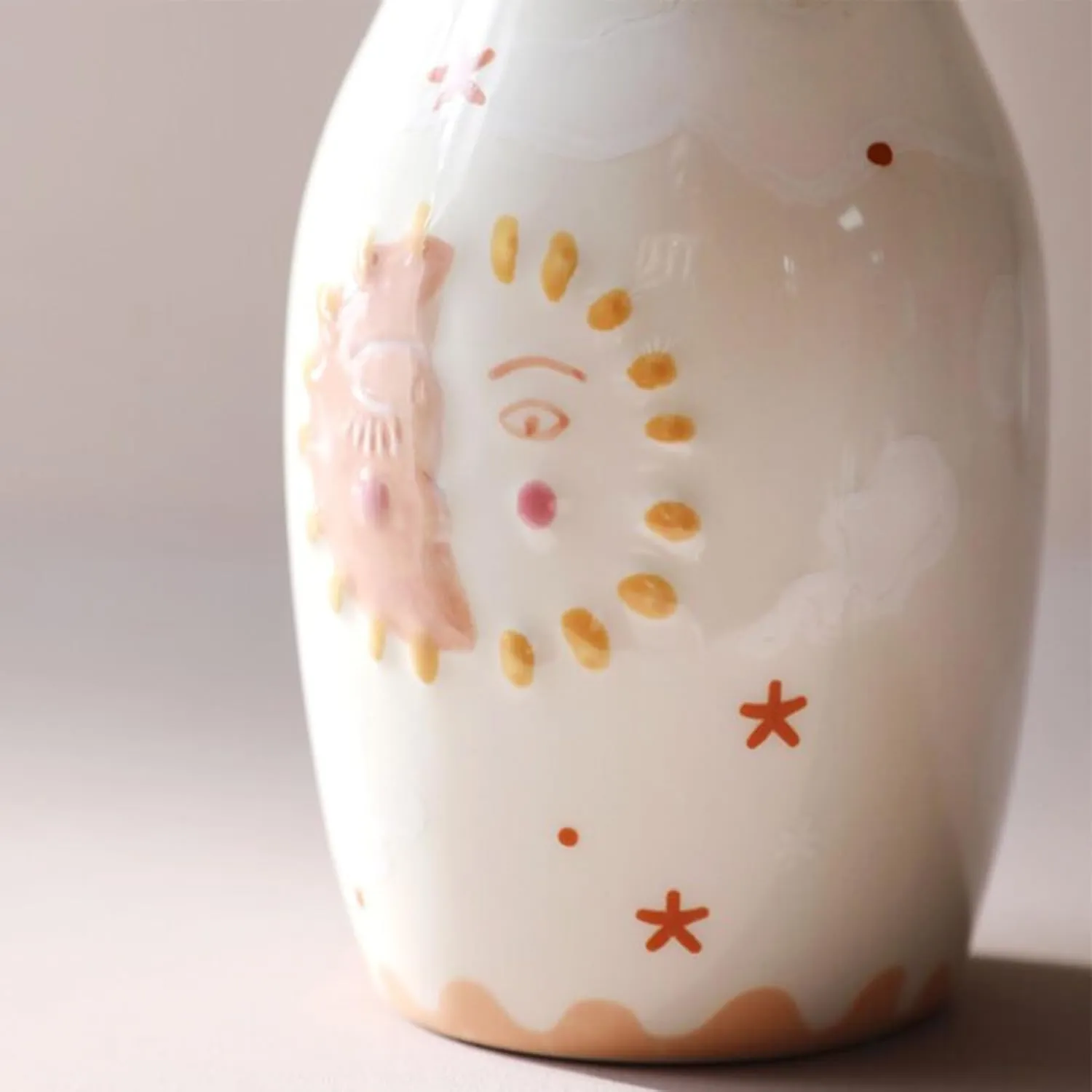 Unique Ceramic Vase, Cute Boho Decor, Small Cream Vase for Dried Flowers or Single Bud - Sun and Moon Face Design