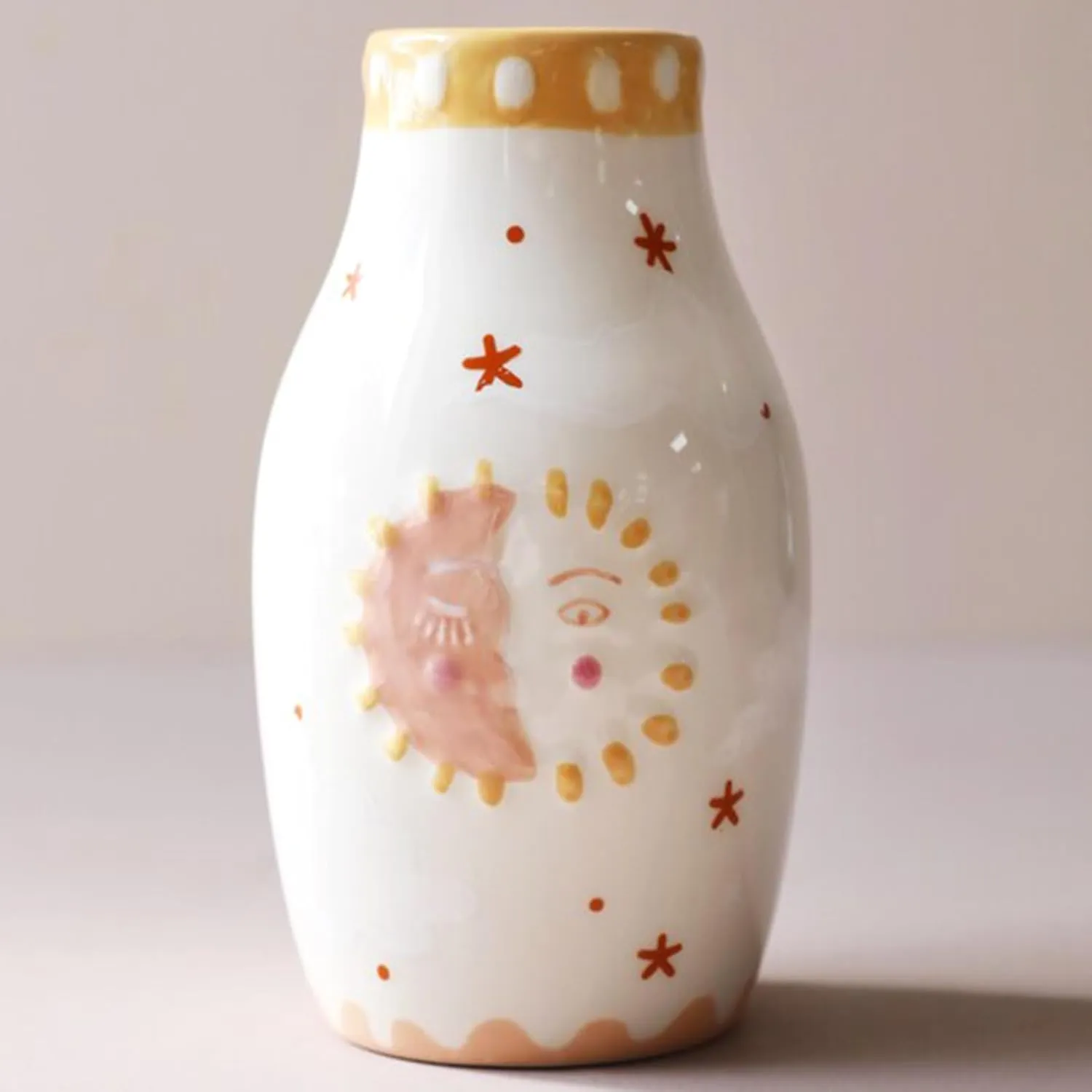 Unique Ceramic Vase, Cute Boho Decor, Small Cream Vase for Dried Flowers or Single Bud - Sun and Moon Face Design