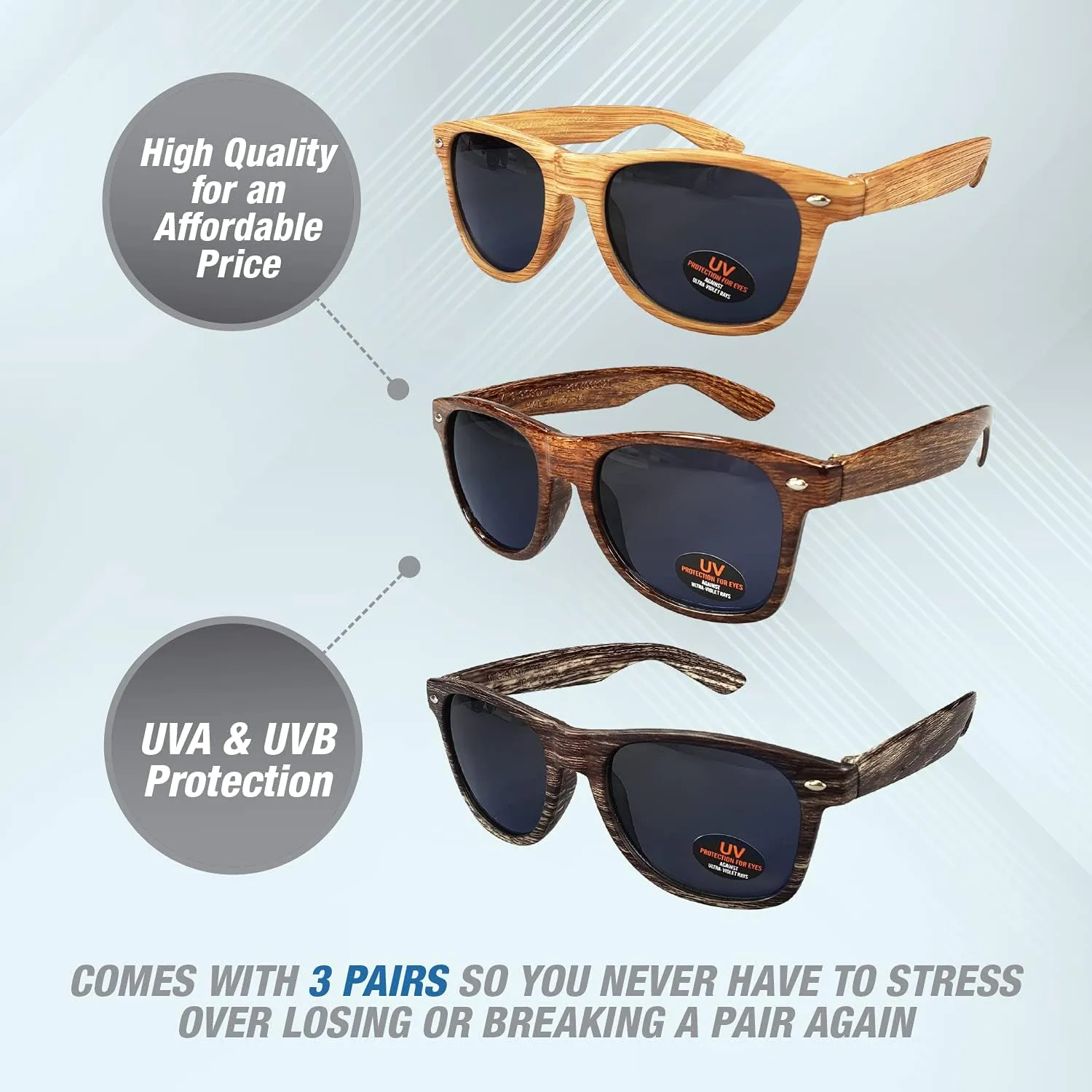 USA Merchant | Sunglasses for Men, Women & Kids 3 Pack of Tinted Lenses with UVA & UVB Protection