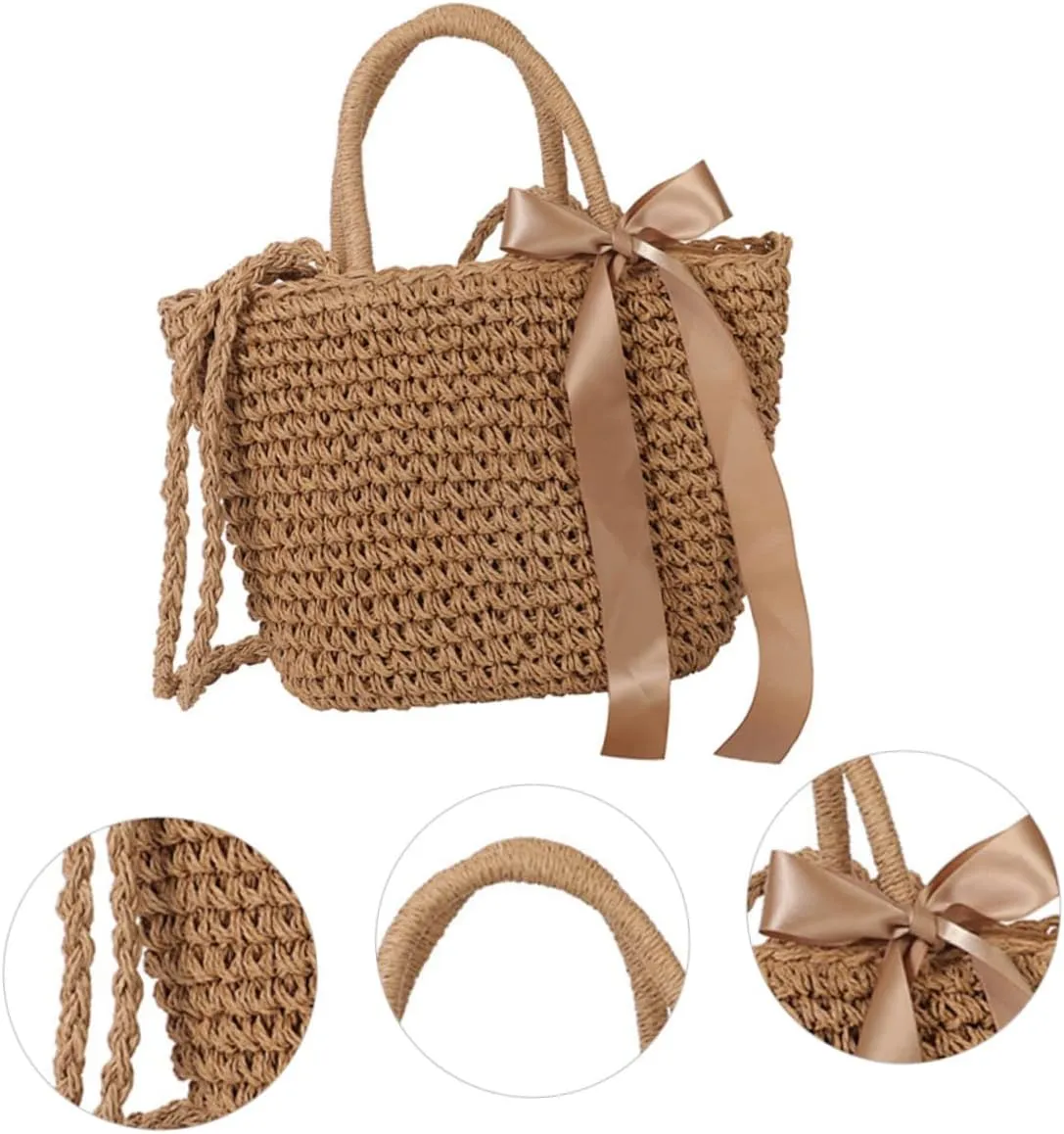 VALICLUD 2 pcs Large Clutch Storage Crochet Woven Grass Bowknot Rattan Pouch Storage- Bags Girls Shoulder