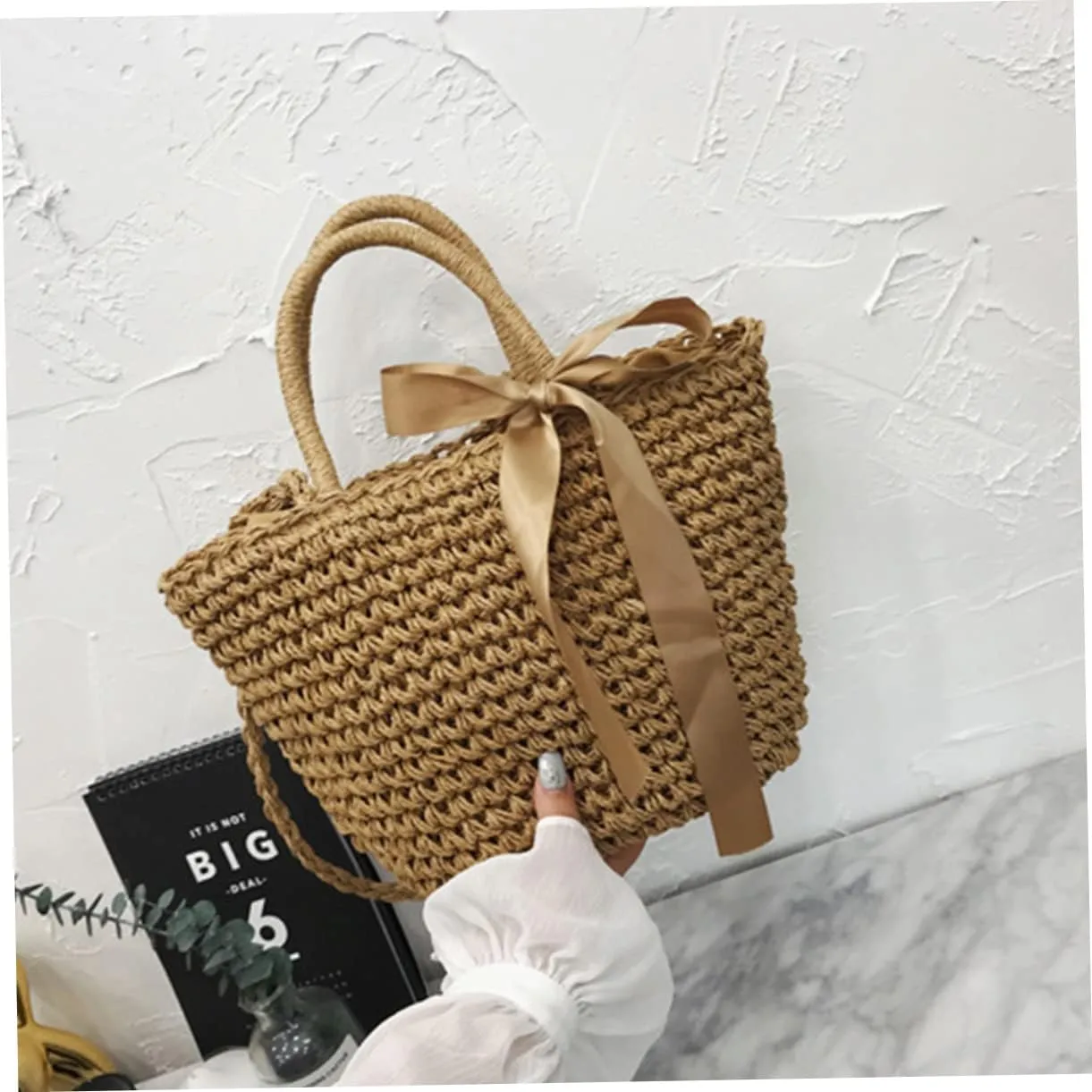 VALICLUD 2 pcs Large Clutch Storage Crochet Woven Grass Bowknot Rattan Pouch Storage- Bags Girls Shoulder