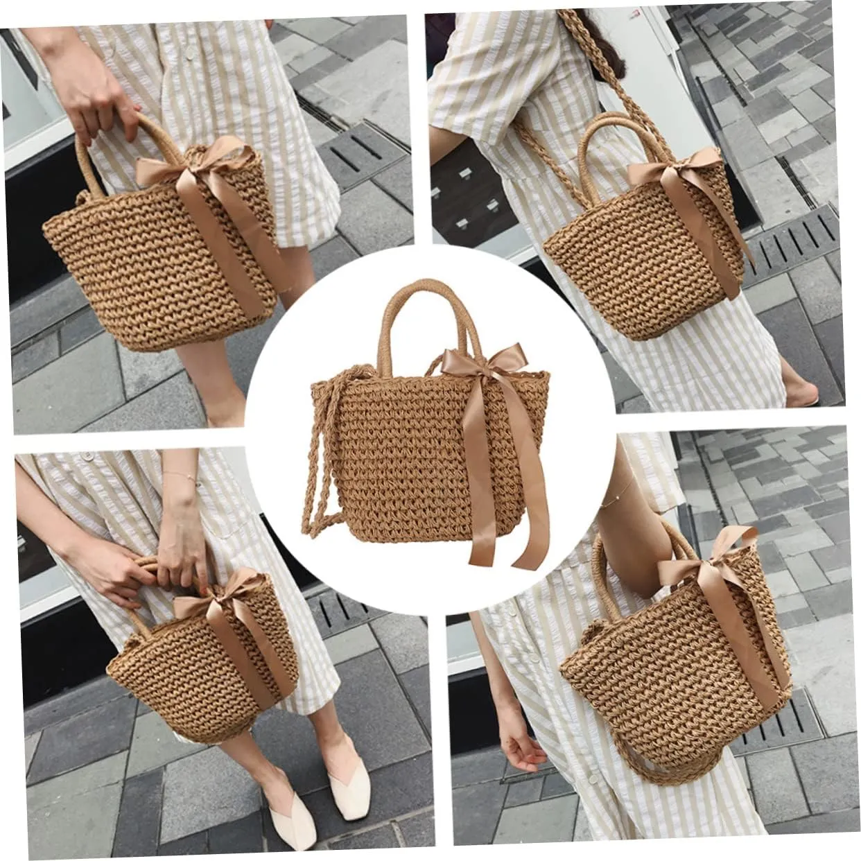 VALICLUD 2 pcs Large Clutch Storage Crochet Woven Grass Bowknot Rattan Pouch Storage- Bags Girls Shoulder