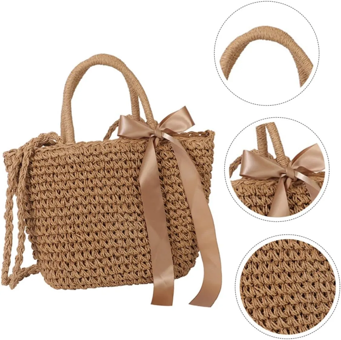 VALICLUD 2 pcs Large Clutch Storage Crochet Woven Grass Bowknot Rattan Pouch Storage- Bags Girls Shoulder