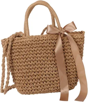 VALICLUD 2 pcs Large Clutch Storage Crochet Woven Grass Bowknot Rattan Pouch Storage- Bags Girls Shoulder