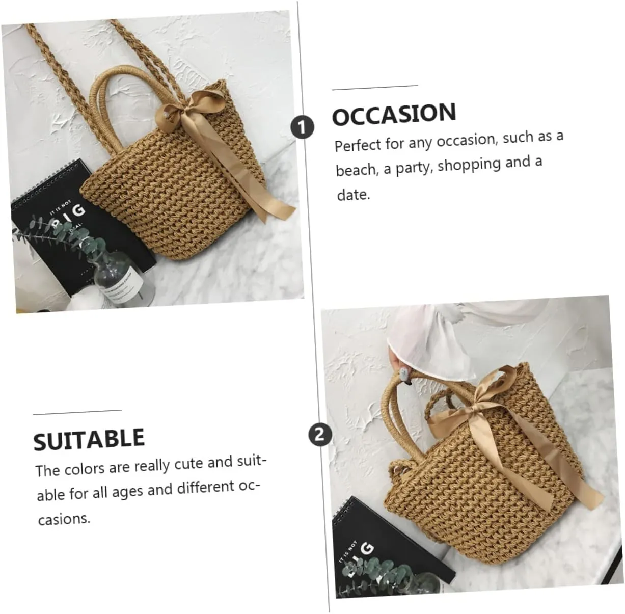 VALICLUD 2 pcs Large Clutch Storage Crochet Woven Grass Bowknot Rattan Pouch Storage- Bags Girls Shoulder