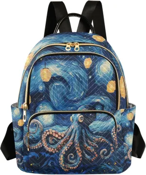 Van Gogh Octopus Lamp Starry Night Backpack Purse for Women Shoulder Bag Fashion Daypack Ladies Handbag Lightweight Travel Bag Rucksack