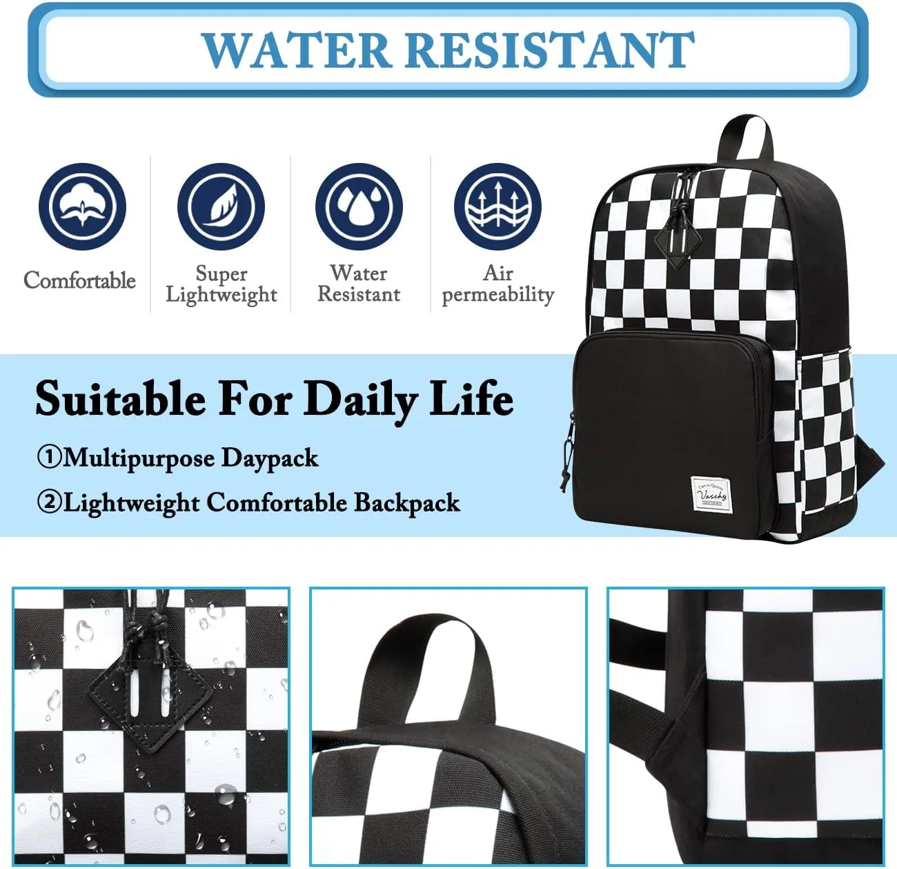 VASCHY School Backpack, Lightweight Travel Backpack for Men Women Schoolbag Bookbag for Kids Teen Boys Girls Black White Plaid Checker