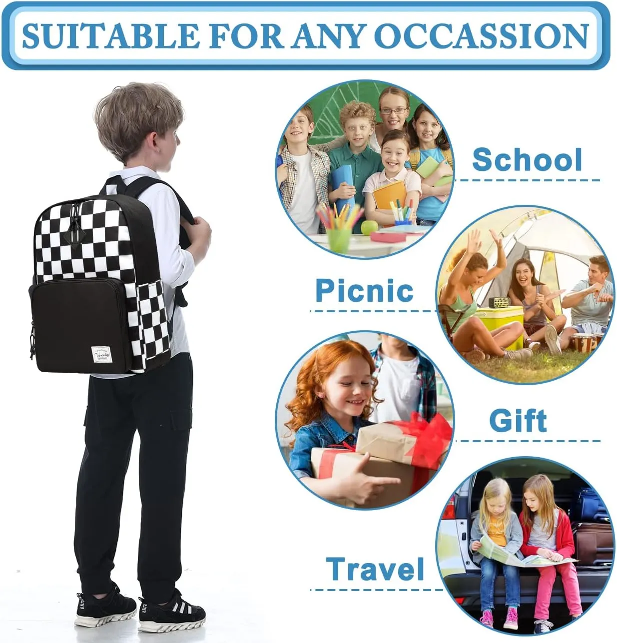 VASCHY School Backpack, Lightweight Travel Backpack for Men Women Schoolbag Bookbag for Kids Teen Boys Girls Black White Plaid Checker