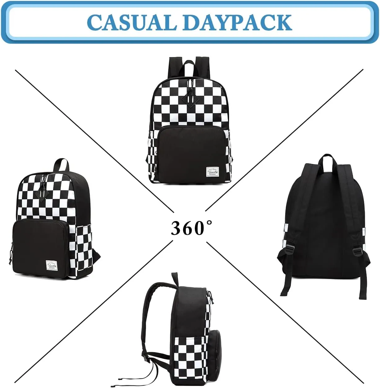 VASCHY School Backpack, Lightweight Travel Backpack for Men Women Schoolbag Bookbag for Kids Teen Boys Girls Black White Plaid Checker