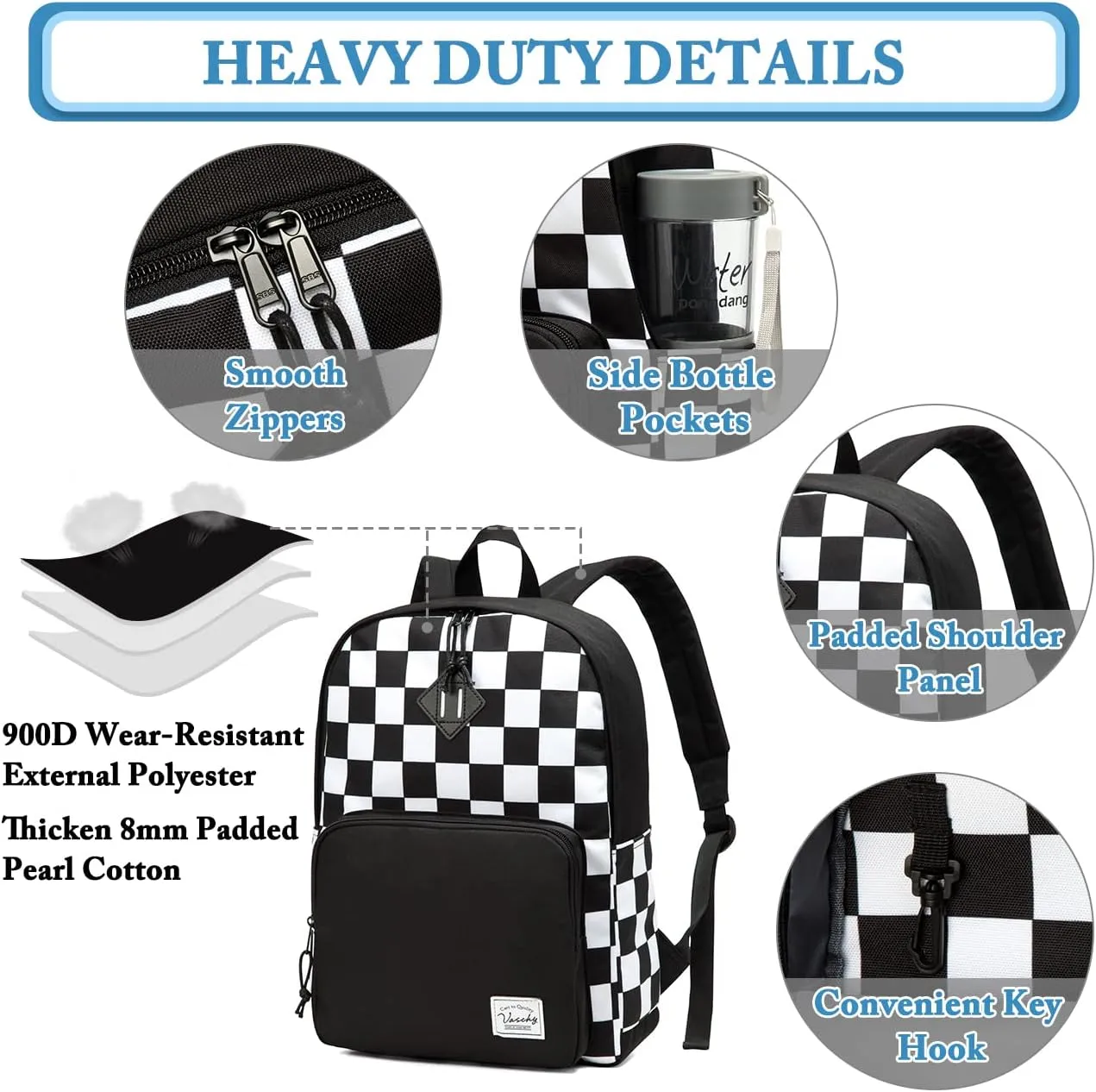 VASCHY School Backpack, Lightweight Travel Backpack for Men Women Schoolbag Bookbag for Kids Teen Boys Girls Black White Plaid Checker
