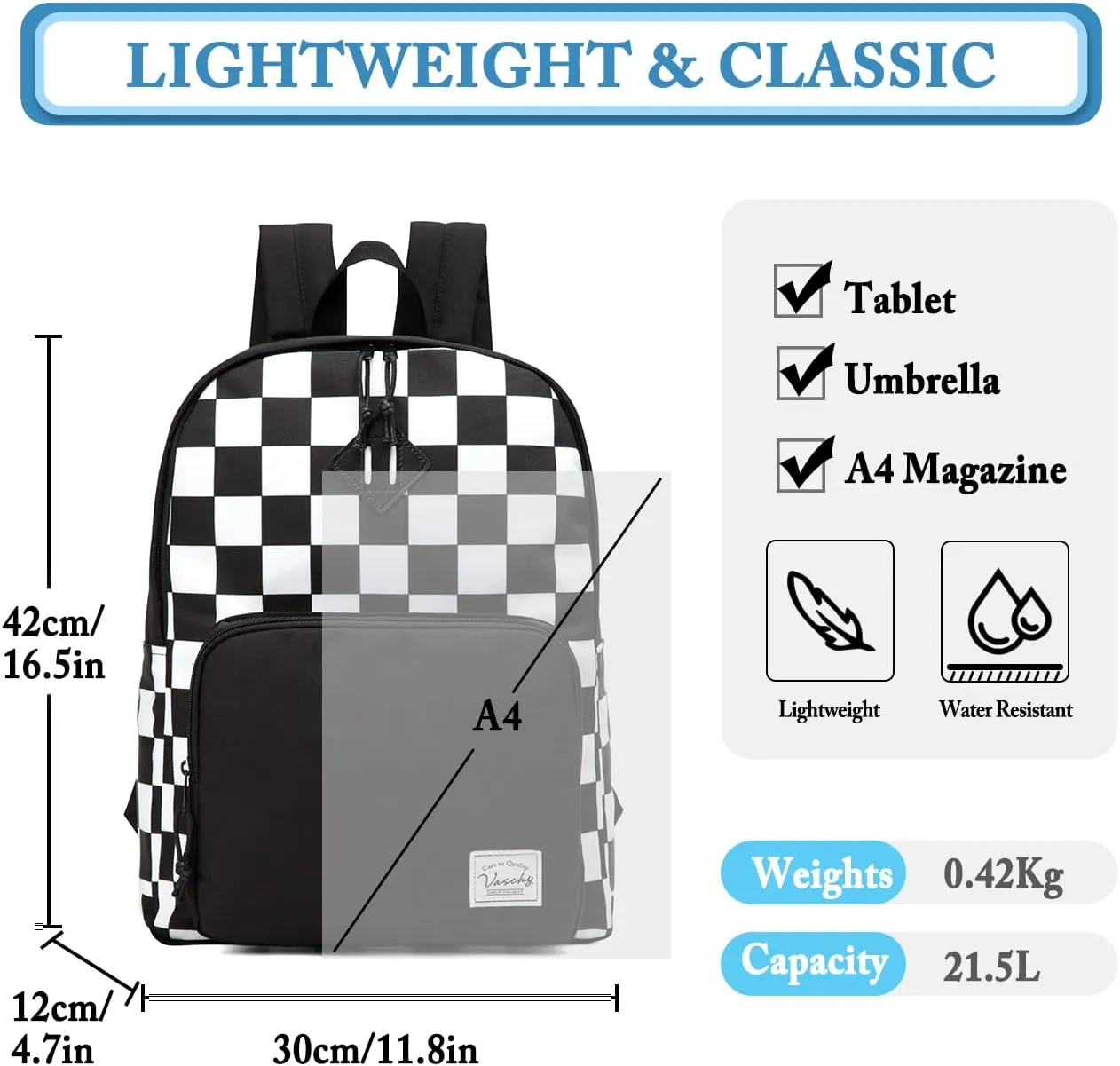 VASCHY School Backpack, Lightweight Travel Backpack for Men Women Schoolbag Bookbag for Kids Teen Boys Girls Black White Plaid Checker
