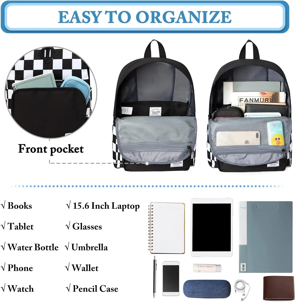 VASCHY School Backpack, Lightweight Travel Backpack for Men Women Schoolbag Bookbag for Kids Teen Boys Girls Black White Plaid Checker