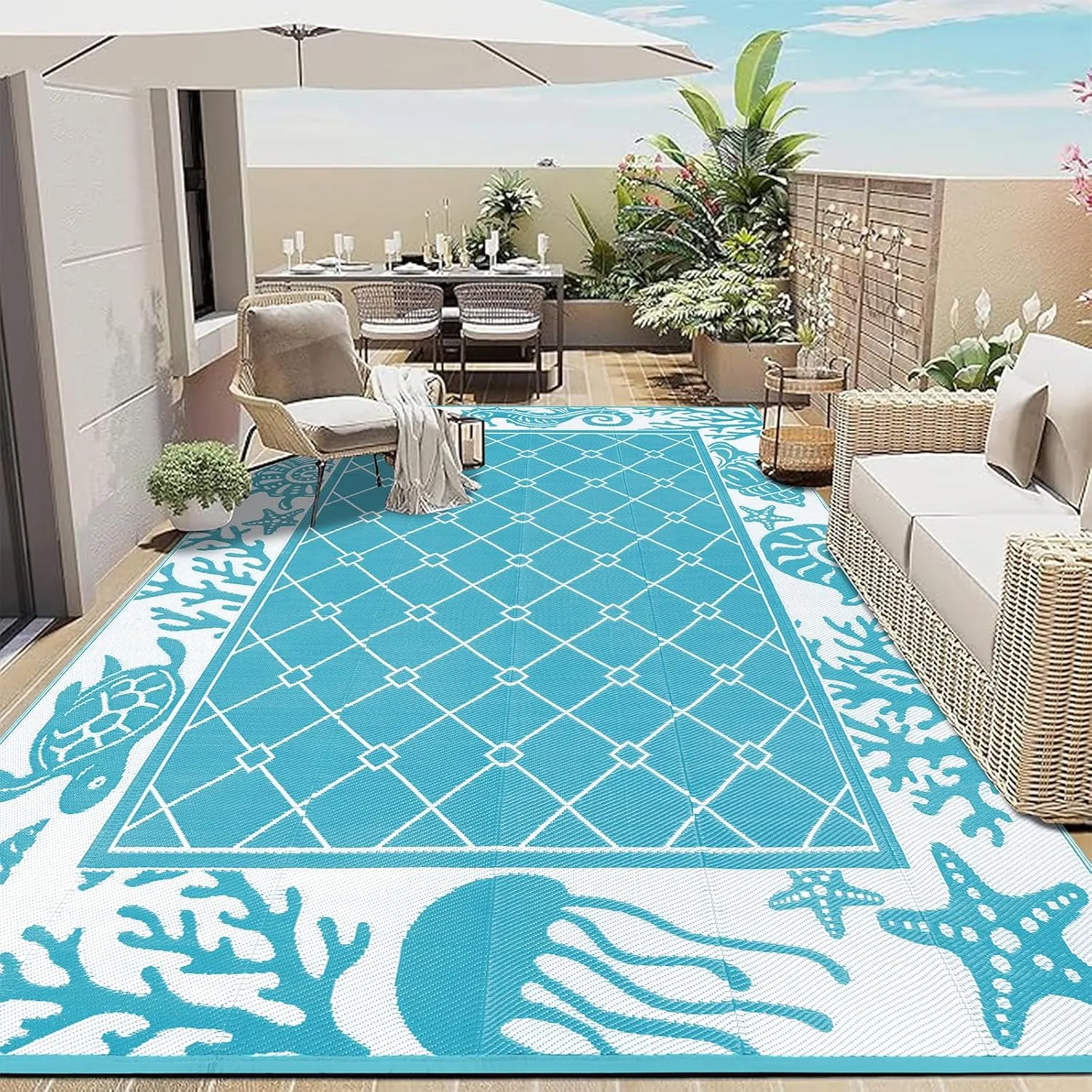 Vaukki Reversible Rugs, Plastic Straw Outdoor Doormat, Fade Resistant Plastic Outdoor Patio Mat, Lightweight Ocean Area Carpet for Patio, RV, Camping, Beach, Deck, Backyard and Picnic (Teal, 8'x10')