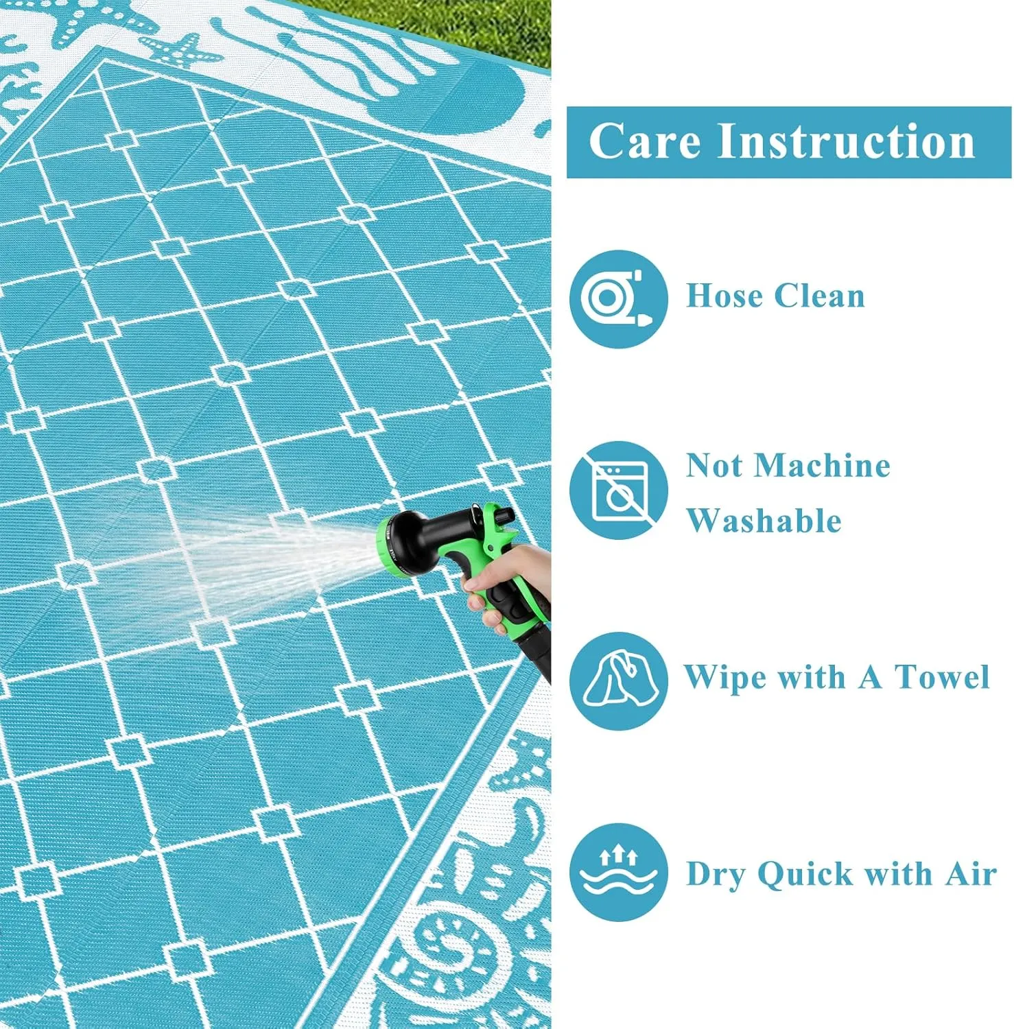 Vaukki Reversible Rugs, Plastic Straw Outdoor Doormat, Fade Resistant Plastic Outdoor Patio Mat, Lightweight Ocean Area Carpet for Patio, RV, Camping, Beach, Deck, Backyard and Picnic (Teal, 8'x10')