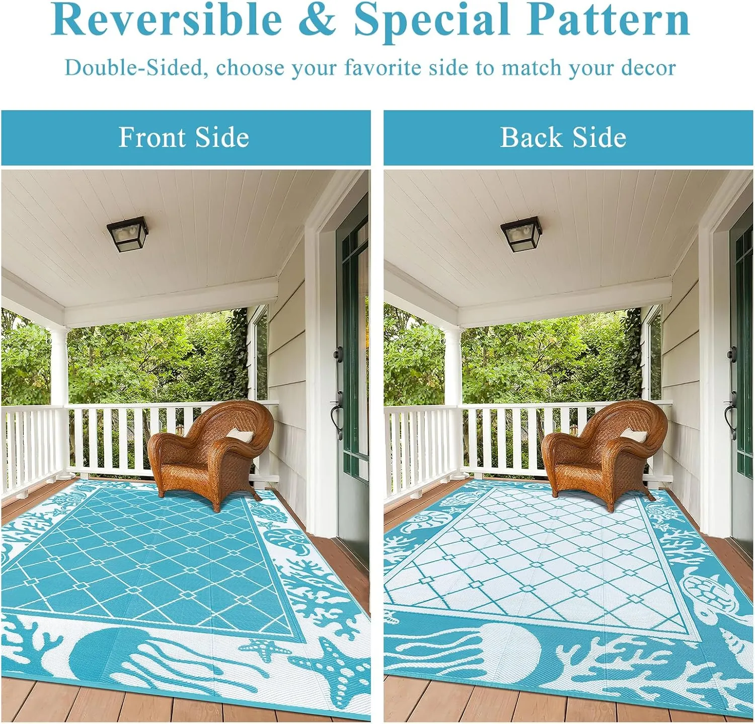 Vaukki Reversible Rugs, Plastic Straw Outdoor Doormat, Fade Resistant Plastic Outdoor Patio Mat, Lightweight Ocean Area Carpet for Patio, RV, Camping, Beach, Deck, Backyard and Picnic (Teal, 8'x10')