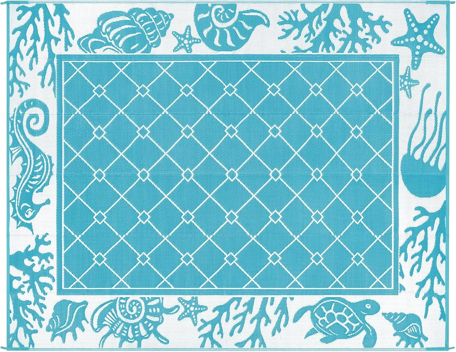 Vaukki Reversible Rugs, Plastic Straw Outdoor Doormat, Fade Resistant Plastic Outdoor Patio Mat, Lightweight Ocean Area Carpet for Patio, RV, Camping, Beach, Deck, Backyard and Picnic (Teal, 8'x10')