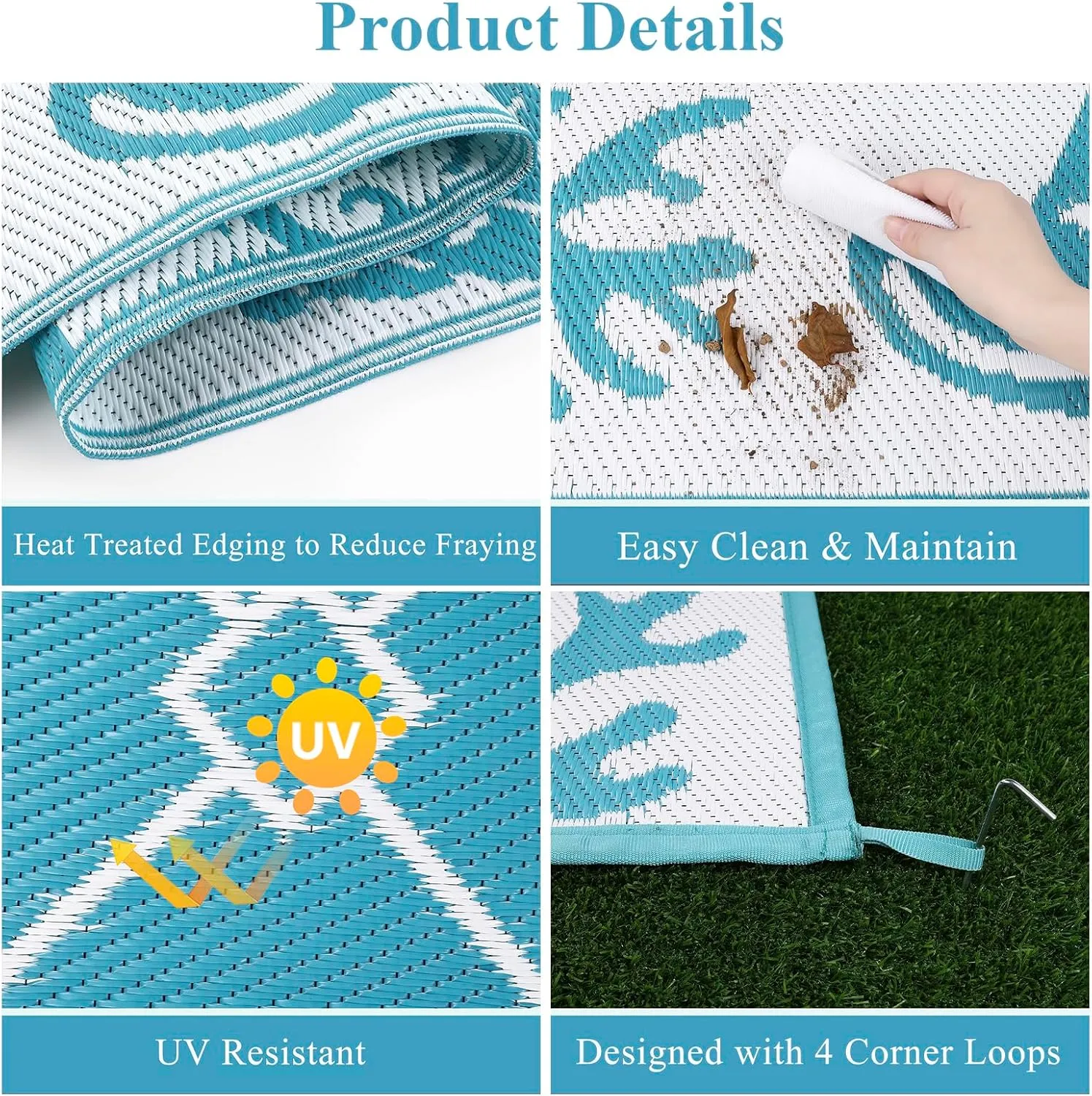 Vaukki Reversible Rugs, Plastic Straw Outdoor Doormat, Fade Resistant Plastic Outdoor Patio Mat, Lightweight Ocean Area Carpet for Patio, RV, Camping, Beach, Deck, Backyard and Picnic (Teal, 8'x10')