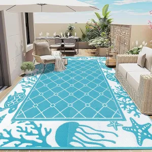 Vaukki Reversible Rugs, Plastic Straw Outdoor Doormat, Fade Resistant Plastic Outdoor Patio Mat, Lightweight Ocean Area Carpet for Patio, RV, Camping, Beach, Deck, Backyard and Picnic (Teal, 8'x10')