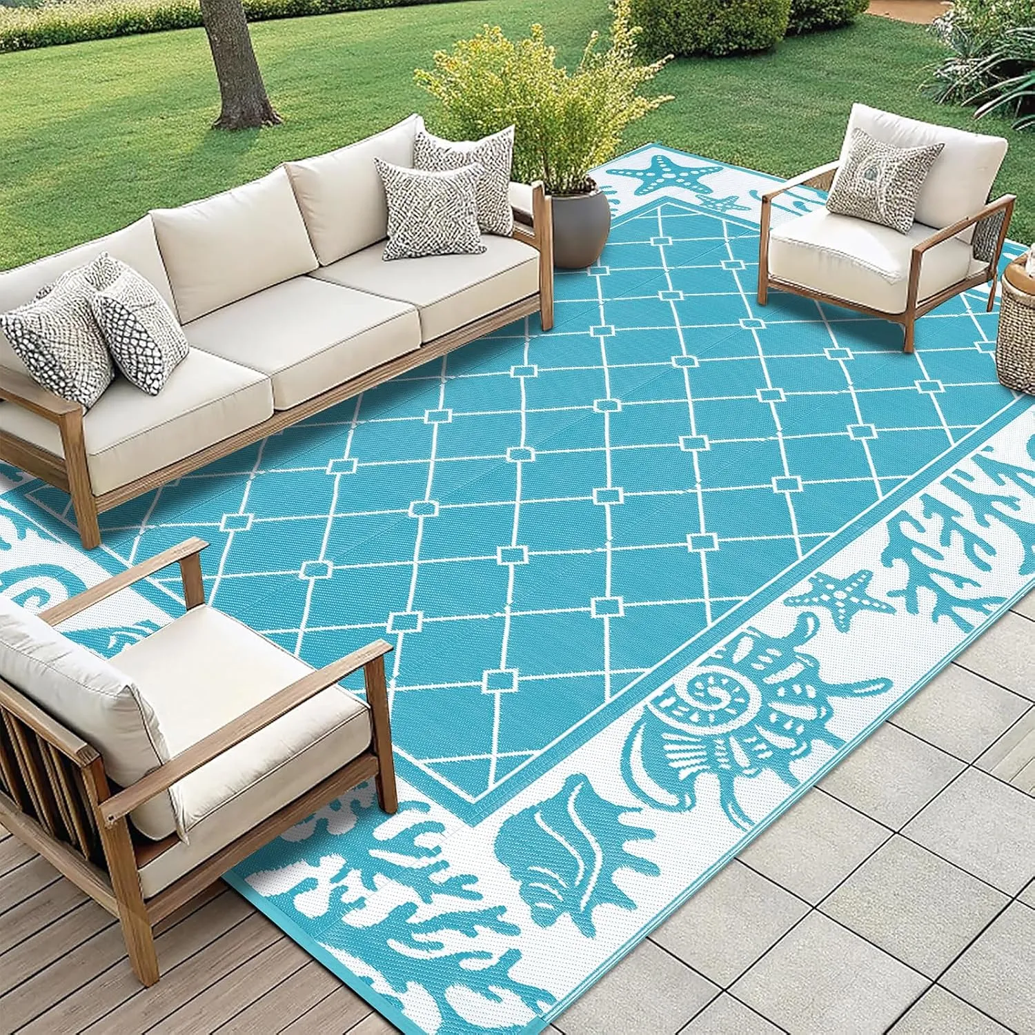Vaukki Reversible Rugs, Plastic Straw Outdoor Doormat, Fade Resistant Plastic Outdoor Patio Mat, Lightweight Ocean Area Carpet for Patio, RV, Camping, Beach, Deck, Backyard and Picnic (Teal, 8'x10')