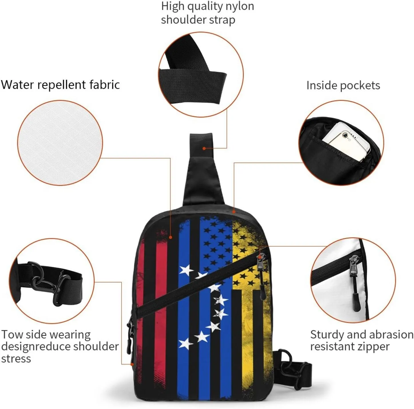 Venezuelan Venezuela American Flag Crossbody Bag Portable Sling Bags Foldable Chest Daypack Reusable Sports Shoulder Backpack Diagonally Casual Rucksack Travel Bag
