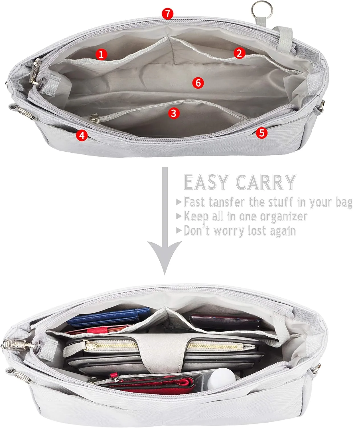 Vercord Expandable Nylon Handbag Purse Organizer Insert Liner Shaper Bag in Bag Beige Grey XLarge