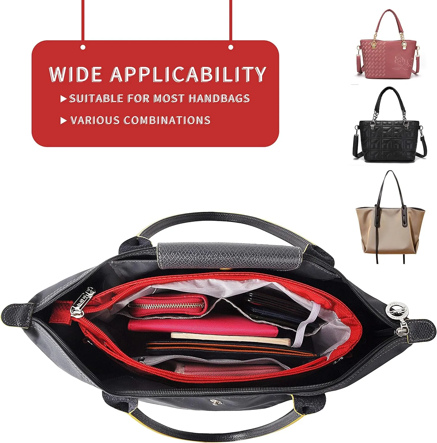 Vercord Expandable Nylon Handbag Purse Organizer Insert Liner Shaper Bag in Bag Red XLarge