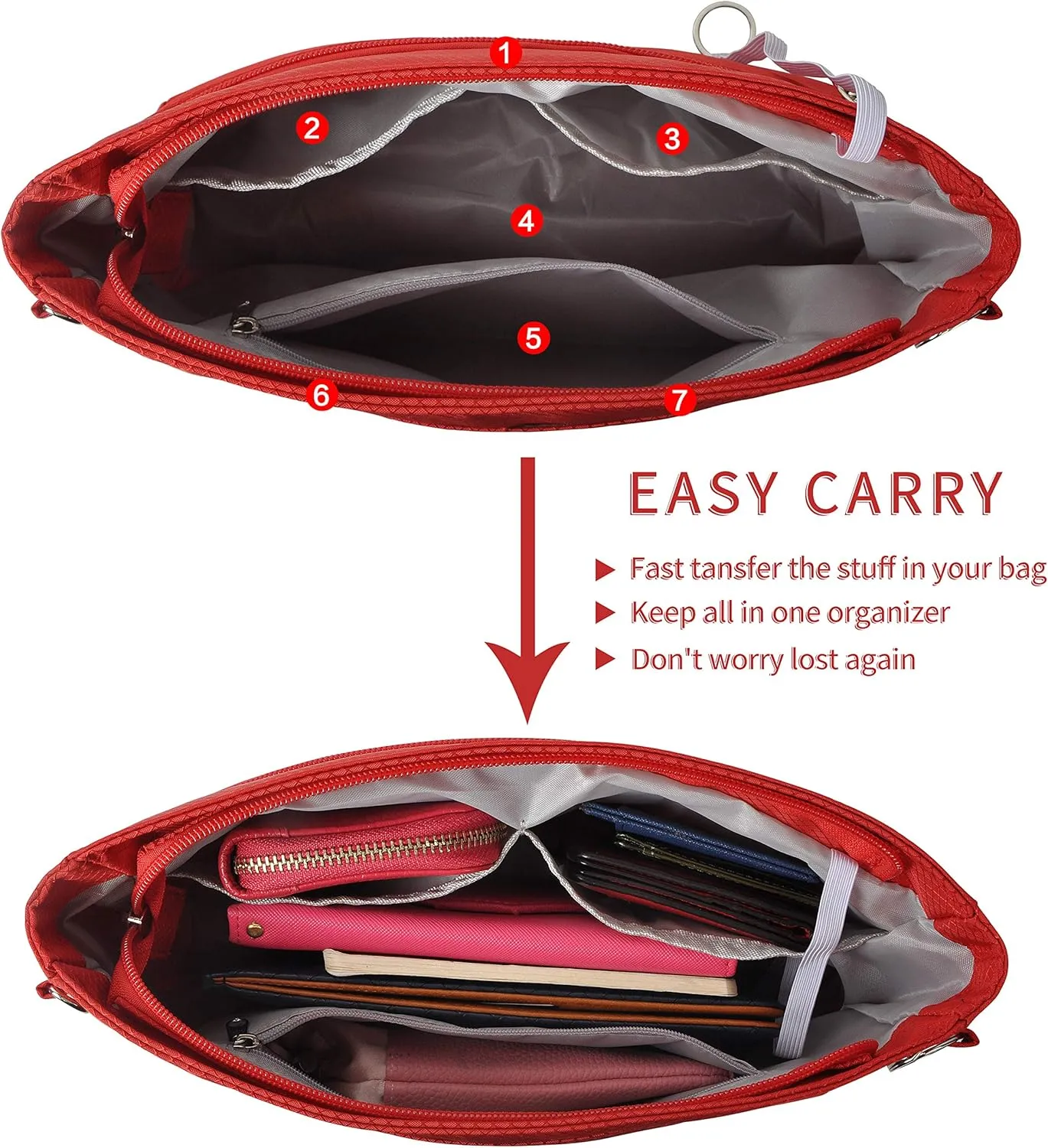 Vercord Expandable Nylon Handbag Purse Organizer Insert Liner Shaper Bag in Bag Red XLarge