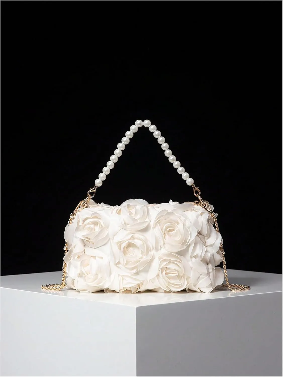 Verdusa Women's 3D Flower Pearl Top Handle Clutch Purses Evening Handbags Crossbody Bag