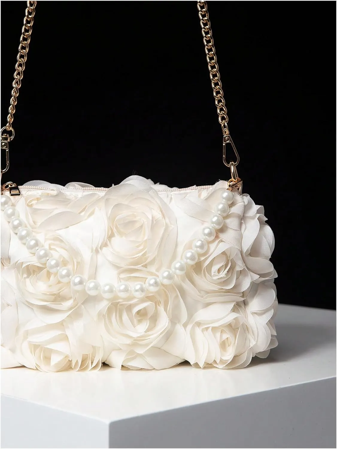 Verdusa Women's 3D Flower Pearl Top Handle Clutch Purses Evening Handbags Crossbody Bag