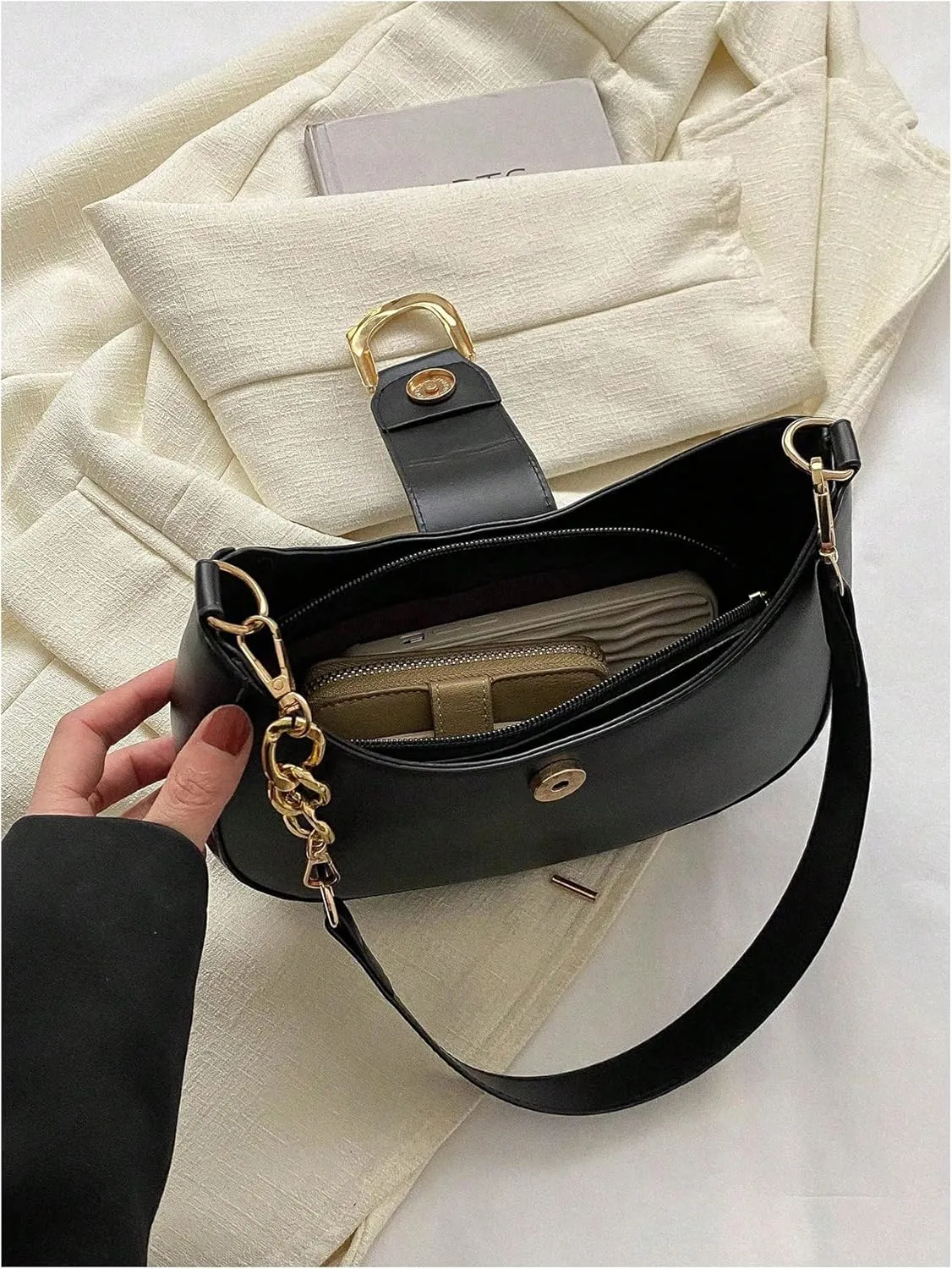 Verdusa Women's Metal PU Leather Bag Zipper Top Hobo Fashion Crescent Shoulder Bag